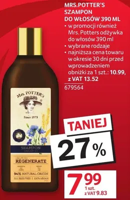 Szampon do włosów Mrs. Potter's Regenerate promocja w Selgros