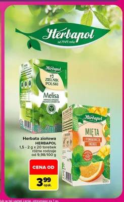 Herbata ziołowa mięta z pomarańczą i mango Herbapol promocja w Carrefour Market