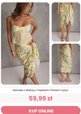 Narzutka z wiskozy z frędzlami i printem cytryn Renee promocja w Renee