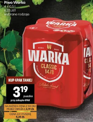 Piwo Warka Classic 4-pak promocja w Delikatesy Centrum
