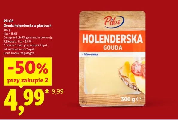 Ser gouda holenderska w plastrach Pilos promocja w Lidl