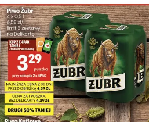 Piwo Żubr 4-pak promocja w Delikatesy Centrum