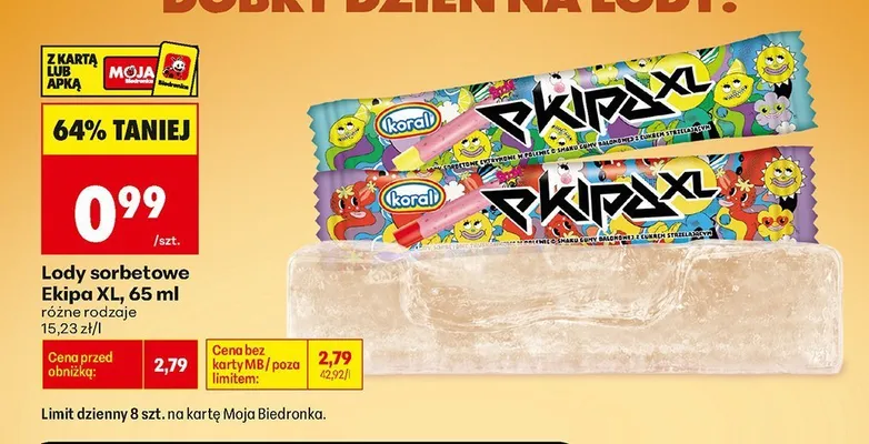 Lody sorbetowe Ekipa XL Koral promocja w Biedronka