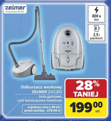 Odkurzacz workowy ZELMER ZVC251 koła gumowe rura teleskopowa metalowa 800W 2,5l promocja w Carrefour