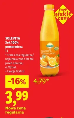 Sok pomarańcza Solevita 100% promocja w Lidl