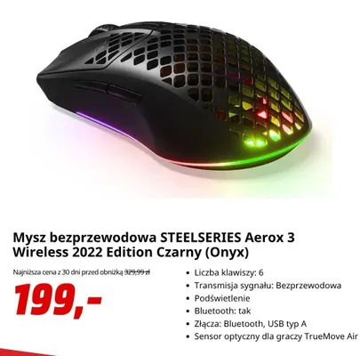 Mysz bezprzewodowa SteelSeries Aerox 3 Wireless 2022 Edition czarny Onyx promocja w Media Markt