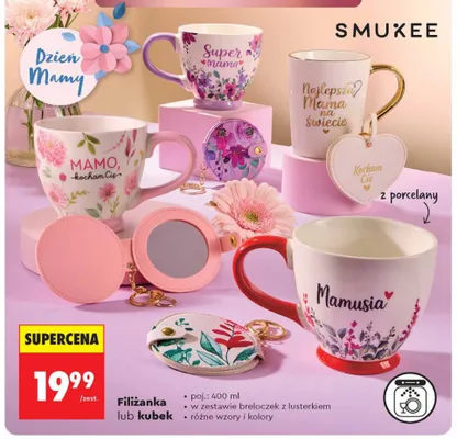Filiżanka porcelanowa Smukee z breloczkiem z lusterkiem 400ml promocja w Biedronka