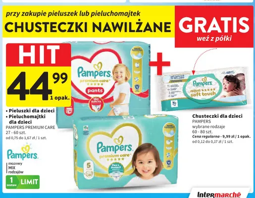 Pieluchomajtki dla dzieci Pampers Premium Care promocja w Intermarche