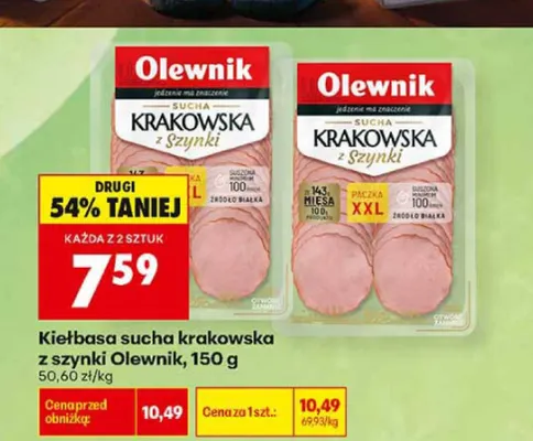 Kiełbasa sucha krakowska z szynki Olewnik promocja w Biedronka
