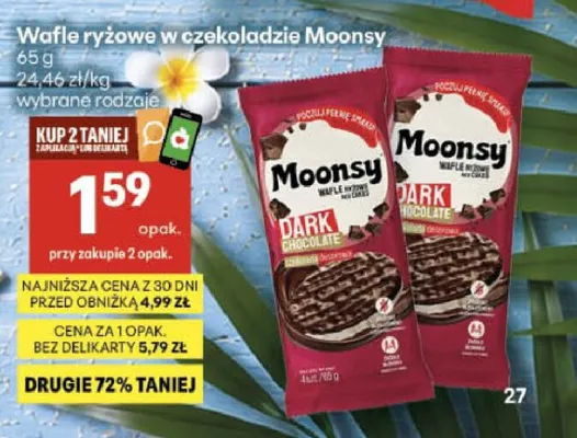 Wafle ryżowe w czekoladzie ciemnej Moonsy promocja w Delikatesy Centrum