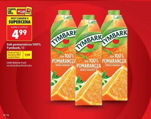 Sok pomarańczowy 100% Tymbark promocja w Biedronka