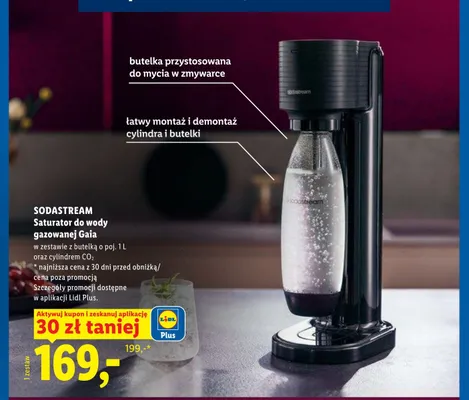 Saturator do wody gazowanej Gaia w zestawie z butelką 1l oraz cylindrem CO2 Sodastream promocja w Lidl