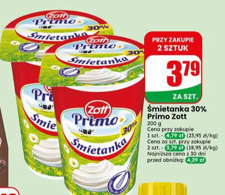 Śmietanka 30% Primo Zott promocja w Dino