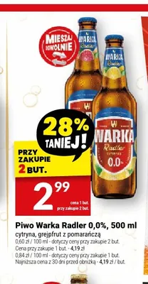 Piwo bezalkoholowe Warka Radler grejpfrut z pomarańczą promocja w Twój Market
