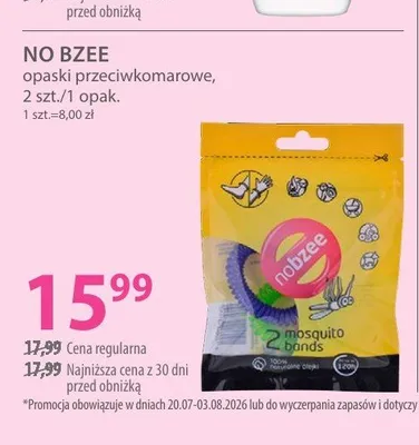 Opaski przeciwkomarowe No Bzee promocja w Hebe
