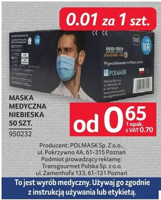 Maska medyczna MASKA MEDYCZNA NIEBIESKA 50 SZT. promocja w Selgros