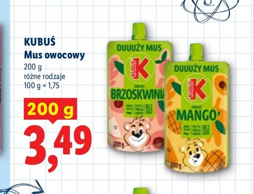 Mus owocowy Kubuś jabłko brzoskwinia promocja w Lidl