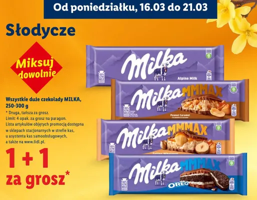 Wszystkie duże czekolady Milka 1+1 ZA GROSZ promocja w Lidl