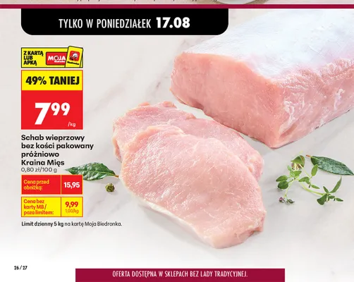 Schab wieprzowy bez kości pakowany próżniowo Kraina Mięs promocja w Biedronka