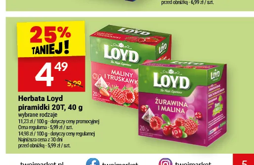 Herbata Loyd piramidki 20T maliny i truskawki promocja w Twój Market