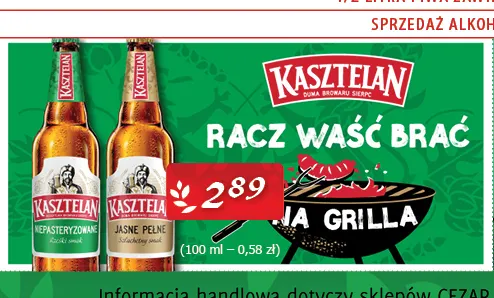Piwo Kasztelan Niepasteryzowane promocja w CEZAR Delikatesy