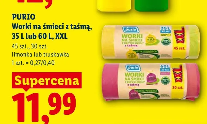 Worki na śmieci z taśmą Purio 35 l XXL promocja w Lidl