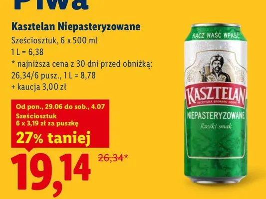 Piwo Kasztelan Niepasteryzowane 6-pak 500 ml promocja w Lidl