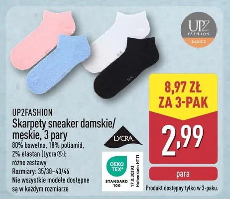 Skarpety sneaker damskie/męskie, 3 pary promocja w Aldi