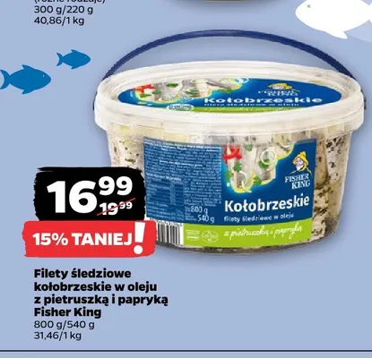 Filety śledziowe kołobrzeskie w oleju z pietruszką i papryką Fisher King promocja w Netto