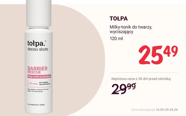 Milky-tonik do twarzy wyciszający tołpa. dermo shots Barrier Rescue promocja w Rossmann