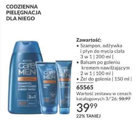 Codzienna pielęgnacja dla niego - szampon, odżywka i płyn do mycia ciała 3 w 1, balsam po goleniu kremem nawilżającym 2 w 1, żel do golenia promocja w AVON