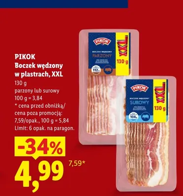 Boczek wędzony w plastrach surowy XXL Pikok promocja w Lidl