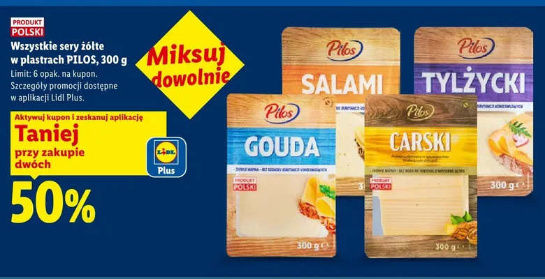 Ser żółty w plastrach Salami Pilos promocja w Lidl