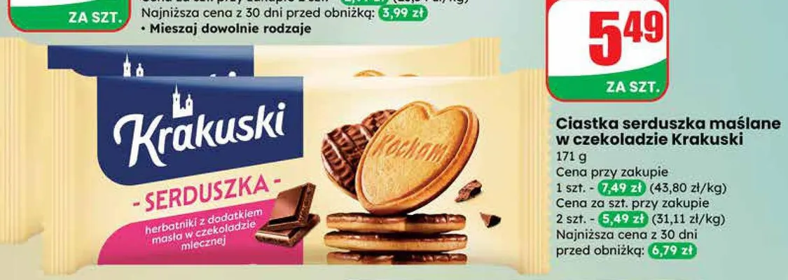 Ciastka serduszka maślane w czekoladzie promocja w Dino