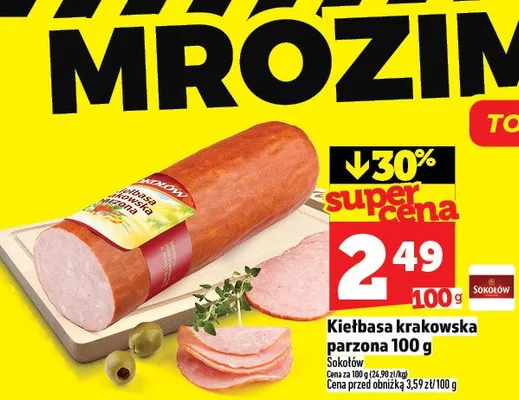 Kiełbasa krakowska parzona Sokołów 100 g promocja w TOPAZ