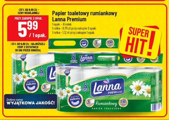 Papier toaletowy rumiankowy Lanna Premium promocja w POLOmarket