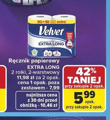 Ręcznik papierowy Velvet Extra Long 2-pak 2-warstwowy promocja w Carrefour