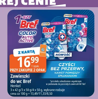 Zawieszki do wc Bref Color Auto Active 4-pak 50 g promocja w Leclerc