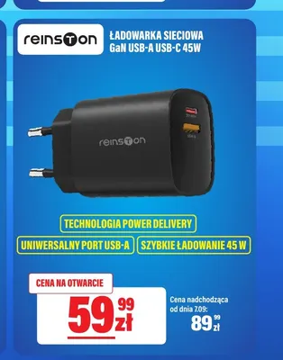 Ładowarka sieciowa Reinston GaN USB-A USB-C 45W promocja w RTV EURO AGD