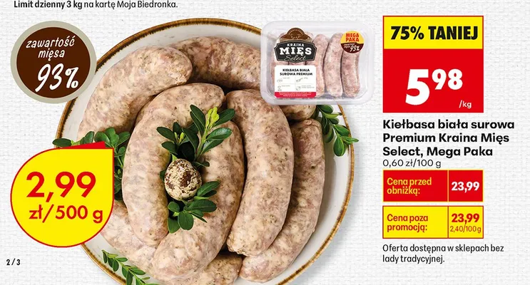 Kiełbasa biała surowa Premium Kraina Mięs Select, Mega Paka promocja w Biedronka