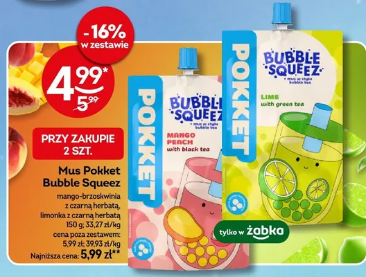 Mus Bubble Squeez mango-brzoskwinia z czarną herbatą, limonka z czarną herbatą promocja w Żabka