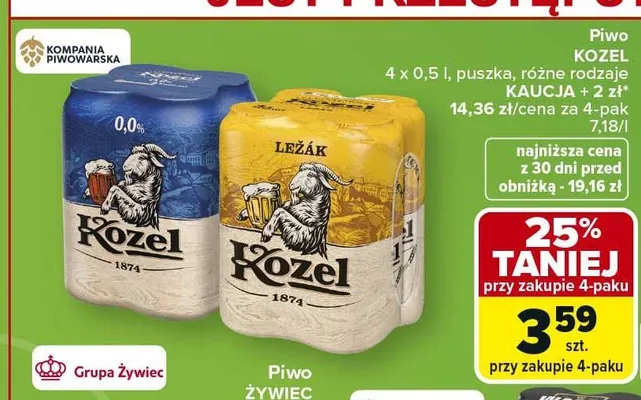Piwo bezalkoholowe Kozel 0,0% 4-pak 0,5l promocja w Carrefour