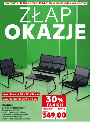 Zestaw wypoczynkowy kanapa, dwa krzesła i stół z czarną płytą szklaną odporny na promieniowanie UV i warunki atmosferyczne, stalowa rama malowana proszkowo promocja w Kaufland