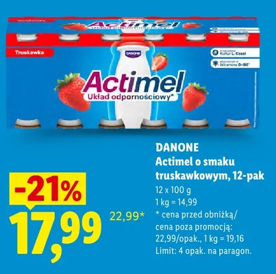 Napój jogurtowy Danone Actimel o smaku truskawkowym 12-pak promocja w Lidl