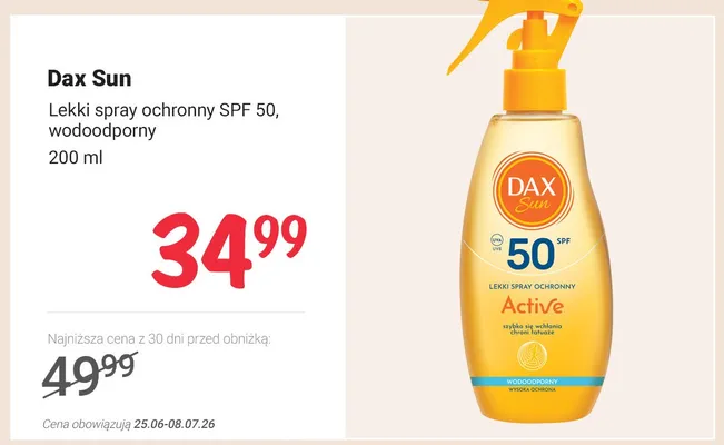 Lekki spray ochronny Dax Sun SPF 50 wodoodporny Active promocja w Rossmann
