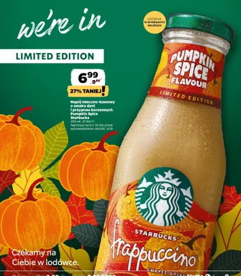 Napój mleczno-kawowy o smaku dyni i przypraw korzennych Pumpkin Spice Starbucks promocja w Netto