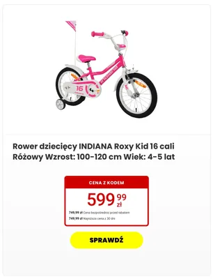Rower dziecięcy INDIANA Roxy Kid 16 cali Różowy Wzrost: 100-120cm Wiek: 4-5 lat promocja w Media Expert