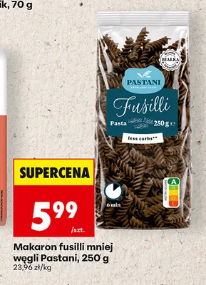Makaron fusilli mniej węgli Pastani promocja w Biedronka