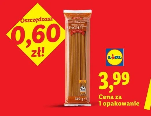 Makaron spaghetti pełnoziarnisty Combino promocja w Lidl