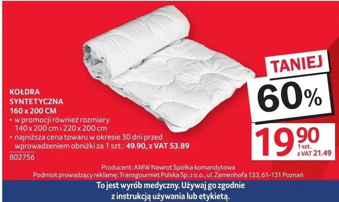 Kołdra syntetyczna 160 x 200 CM promocja w Selgros